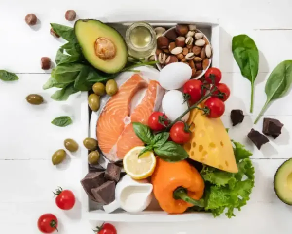 Składniki na dieta keto jadłospis: łosoś, awokado, jajka, ser, orzechy, oliwki, warzywa i gorzka czekolada.