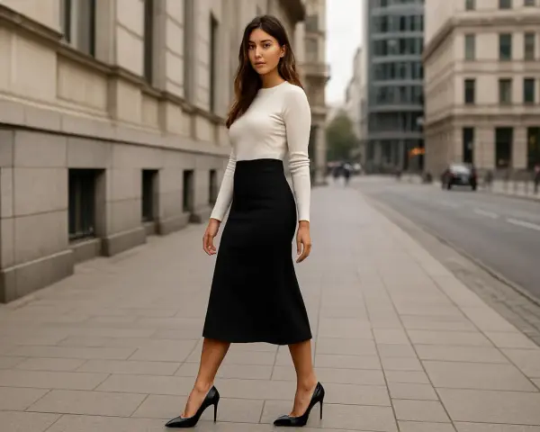 Elegancka kobieta w czarnej spódnicy midi i białym swetrze, idealnie dobrane czarne szpilki. Jakie buty do spódnicy midi? Te są strzałem w dziesiątkę!