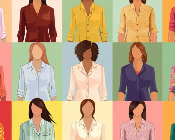 Ilustración muestra la diferencia entre blusa y camisa con varios modelos femeninos.
