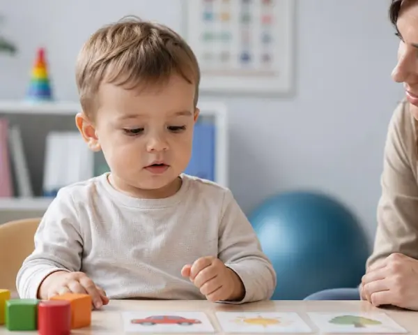 Mały chłopiec z zainteresowaniem przygląda się kartom obrazkowym, podczas gdy dorosła osoba obserwuje go z uśmiechem. To ciekawy **test AQ dla dzieci**.