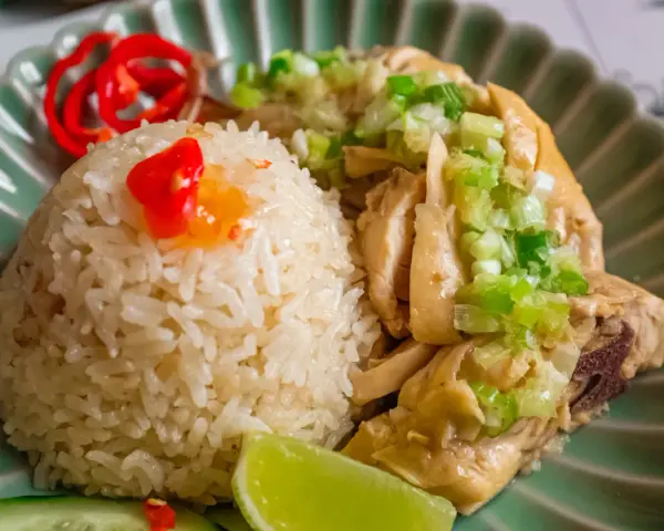 Un invitante piatto di riso con pollo, guarnito con cipollotti freschi, peperoncino rosso e una fetta di lime.