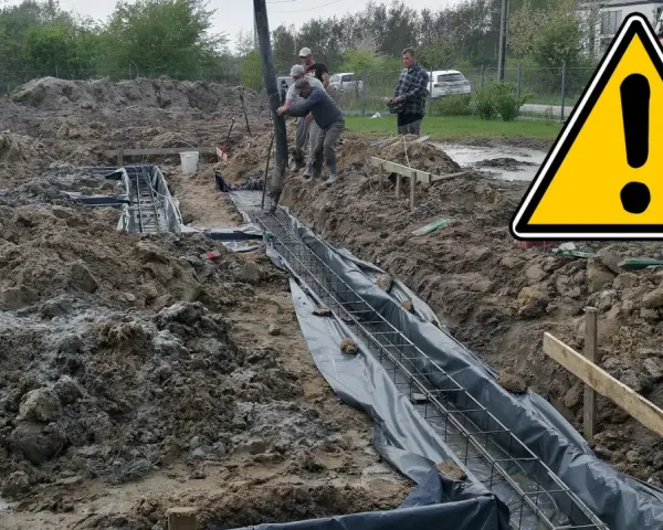 Budowa trwa! Wylewanie betonu na zbrojenie, tworząc solidne ławy fundamentowe pod przyszły budynek.
