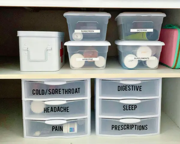 Organized medicine cabinet with labeled bins and drawers for easy access to medications and first-aid supplies.