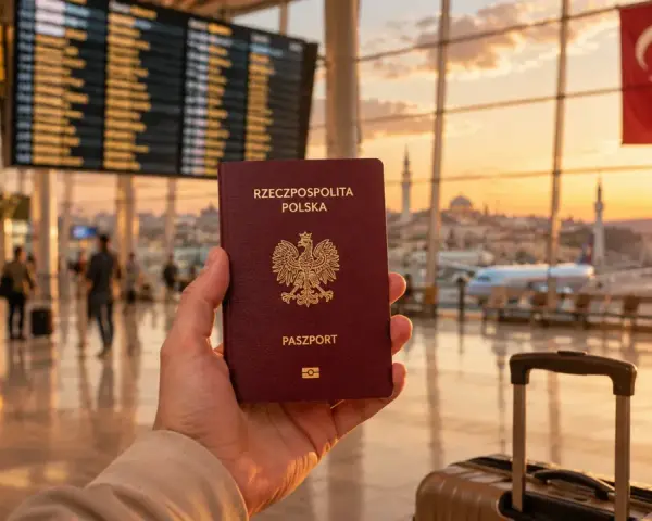 Pasport w dłoni, walizka obok, a za oknem lotniska wschód słońca i turecka flaga. Czas na wyjazd do Turcji!