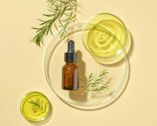 Flacone ambrato con contagocce, oli essenziali e rametti verdi su vetrini da laboratorio. Attenzione: il tea tree oil brucia la pelle se non diluito.