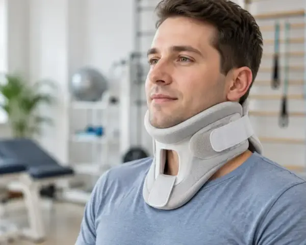 Mężczyzna w kołnierzu ortopedycznym, wspierającym jego kręgosłup szyjny. W tle gabinet rehabilitacyjny.