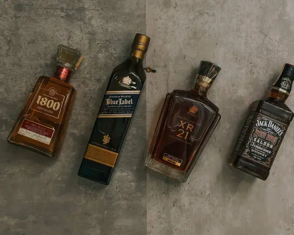 Cztery butelki alkoholi: 1800 Reposado, Johnnie Walker Blue Label, Johnnie Walker XR 21 i Jack Daniel's Red Dog Saloon. Czy to whisky czy whiskey?