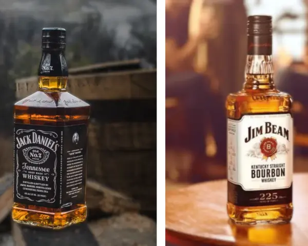 Dwie butelki whiskey: Jack Daniel's Tennessee Whiskey i Jim Beam Bourbon. Którą wybierasz?