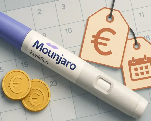 Mounjaro KwikPen na tle kalendarza z monetami euro i metkami cenowymi. Sprawdź, jaka jest mounjaro 7 5 mg cena.