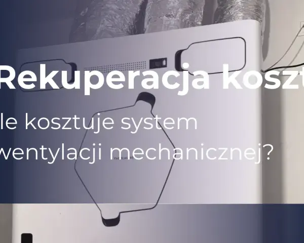 Rekuperacja koszt: ile kosztuje system wentylacji mechanicznej? Białe urządzenie z przewodami i tekstem.