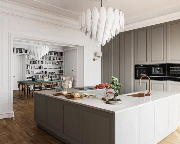 Elegante cucina stile parigino con isola centrale, mobili grigi, elettrodomestici a scomparsa e un'ampia libreria sullo sfondo.