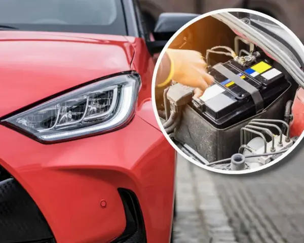 Gdzie jest akumulator w Toyota Prius? Widać go w okręgu, pod maską, obok silnika.