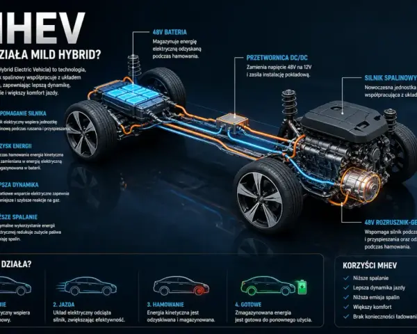 Ilustracja pokazuje, jak działa hybryda MHEV: silnik elektryczny wspiera spalinowy, odzyskuje energię podczas hamowania, co daje niższe spalanie i lepszą dynamikę.