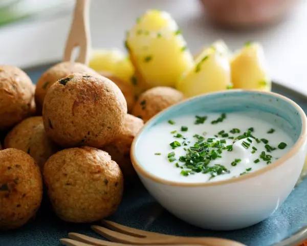 Polpette di ceci dorate e croccanti, servite con patate novelle e una ciotola di salsa cremosa guarnita con erba cipollina.