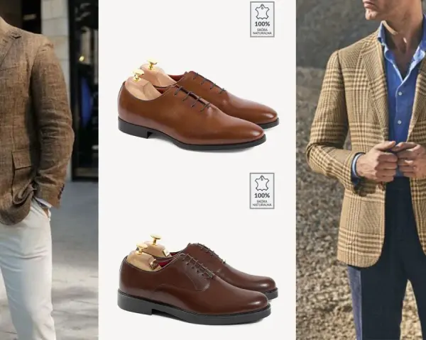 Eleganckie stylizacje na komunię: brązowe marynarki i skórzane buty. Inspiracje dla panów.