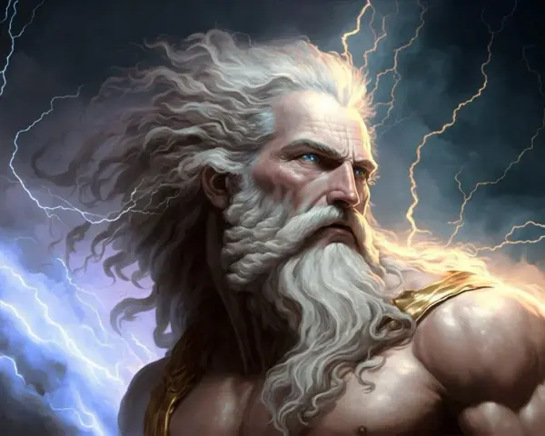 Potężny Zeus z burzą w oczach i piorunami w rozwianych włosach, władca Olimpu.