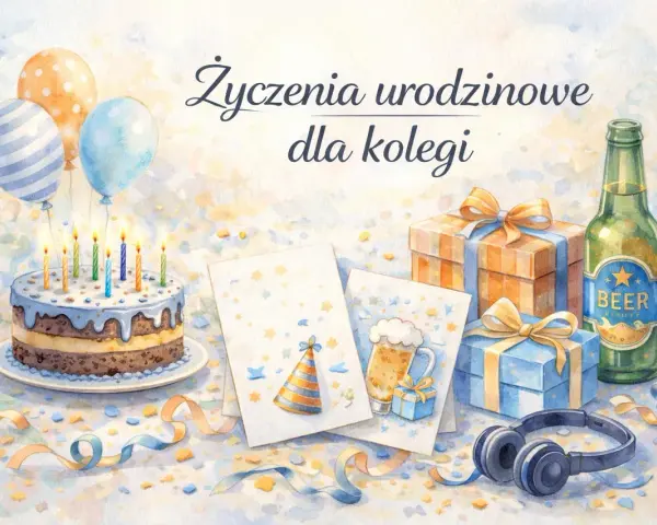 Mądre życzenia urodzinowe dla kolegi: tort, balony, prezenty, piwo i słuchawki.