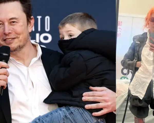 Elon Musk z synem i Grimes w stylizacji z pomarańczowymi włosami.