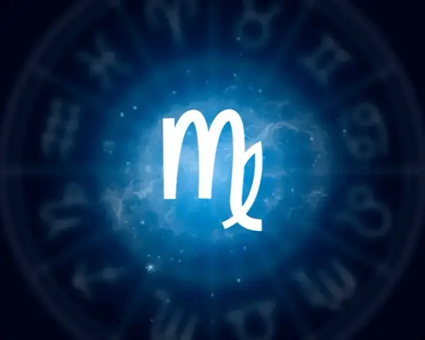 Symbol znaku zodiaku Panna na tle kosmicznym.