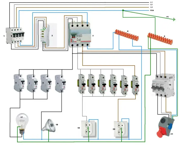 Schemat instalacji elektrycznej trójfazowej z wyłącznikami, gniazdkami i oświetleniem.