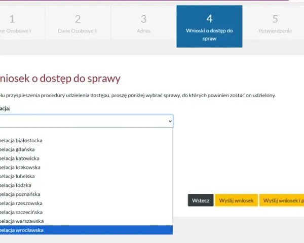 Formularz wniosku o dostęp do sprawy, wybór apelacji. Jak sprawdzić sygnaturę akt? Wybierz apelację z listy.