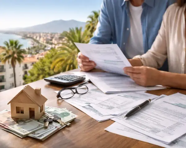 Pareja revisa papeles y calcula los gastos de compra de vivienda segunda mano. Casa de madera, llaves y dinero sobre la mesa.