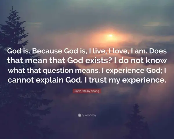 Silhouette of a pine tree against a sunset sky with the quote: "God is. Because God is, I live, I love, I am. Does that mean that God exists? I do not know what that question means. I experience God; I cannot explain God. I trust my experience." - John...