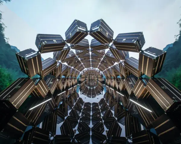 Un tunnel caleidoscopico di bauli Louis Vuitton, un omaggio al fondatore, con uno sfondo di montagne verdi e cielo azzurro.