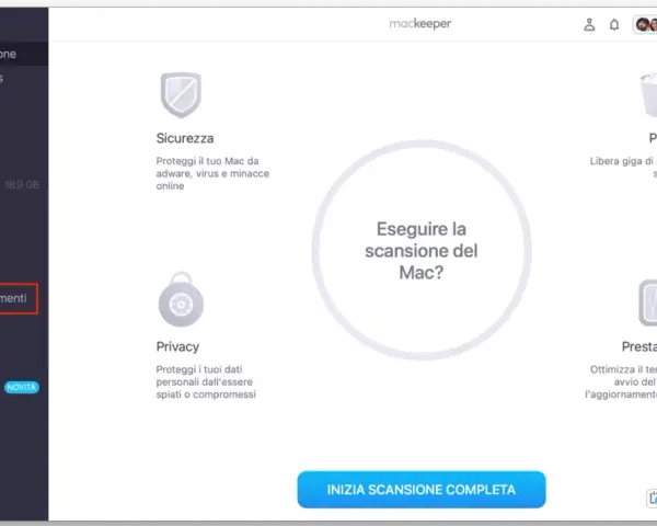 Interfaccia MacKeeper. La sezione "Ricerca aggiornamenti" è evidenziata, suggerendo che l'app mcz maestro non funziona correttamente.