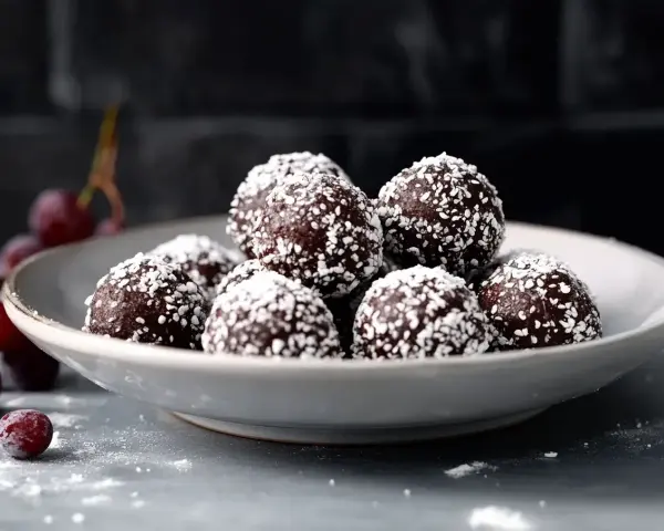 En skål med chokladbollar, perfekta för ett enkelt chokladbollar recept. Körsbär och florsocker ger en festlig touch.