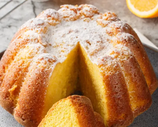 Una fetta di torta all'arancia morbidissima, cosparsa di zucchero a velo, pronta per essere gustata.