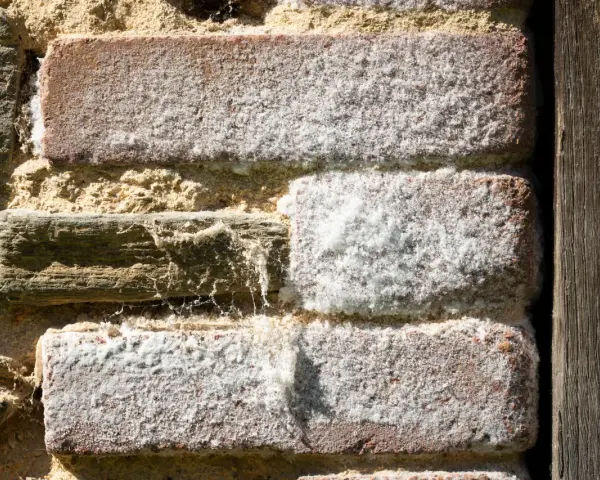 Mur en briques anciennes couvert de salpêtre, la pierre et le bois se côtoient.