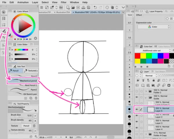 El pincel "Mechanical pencil" se usa para dibujar el arco de personaje, con flechas rosas indicando su selección.