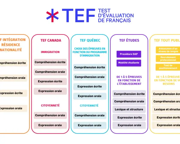 Diagrama del examen en francés (TEF) con sus diferentes módulos: Integración, Canadá, Quebec, Estudios y Público General.
