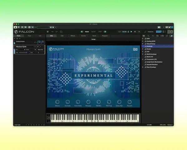 Interfejs programu uvi falcon z widocznym presetem "Fibonacci Synth" i wirtualnymi klawiszami.