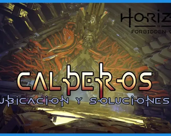 Interior de una estructura futurista con cables rojos. Texto: CALDEROS HORIZON FORBIDDEN WEST.