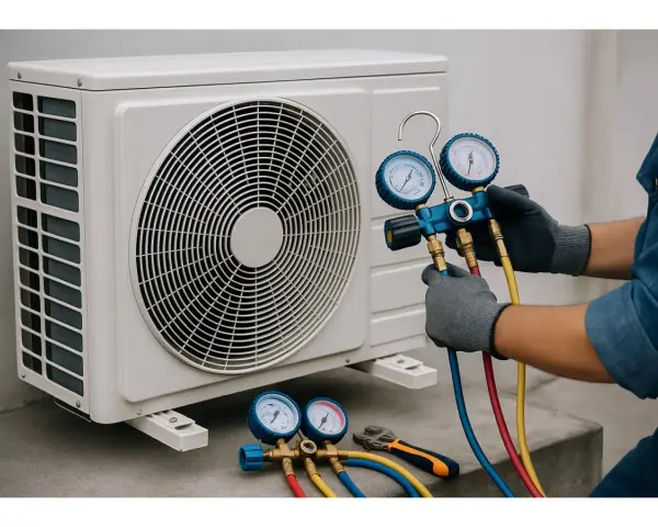 Tecnico controlla il gas nel condizionatore con manometri.