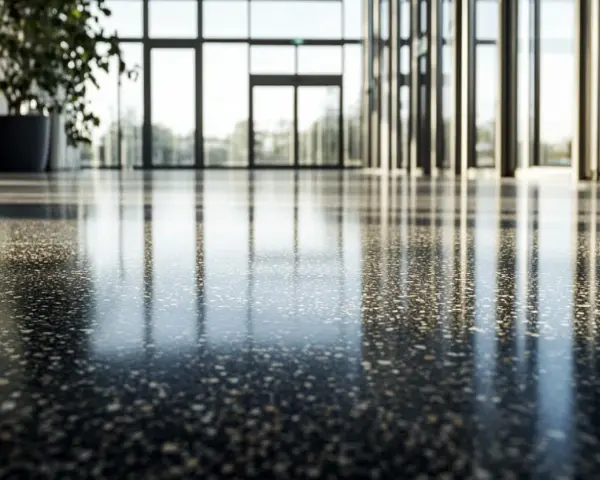 Reflejos en un suelo de terrazo pulido, ideal para modernizar espacios con un toque elegante y duradero.
