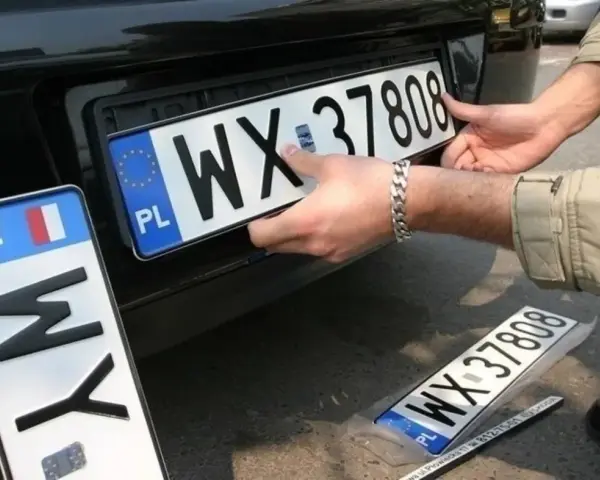 Montaż nowych tablic rejestracyjnych. Jedna z nich, z numerem WX 37808, jest właśnie wkładana. Obok leży kolejna, jeszcze w folii.