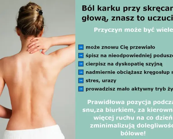 Kobieta masuje bolesny kark, gdzie jest przyczyna bólu? Może to przewianie, zła poduszka, dyskopatia, stres lub siedzący tryb życia.