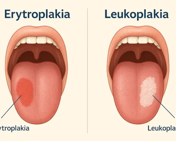 Dwa otwarte usta z językami: jeden z czerwoną plamą (erytroplakia), drugi z białą (leukoplakia).