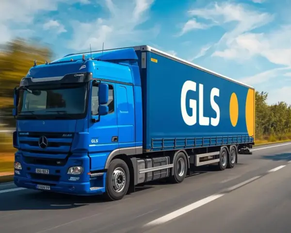 Niebieska ciężarówka GLS pędzi autostradą. Kierowcy tej firmy mogą liczyć na dobre gls zarobki.