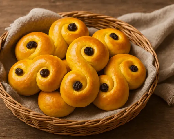 En korg fylld med gyllene lussebullar, perfekta för ett saftigt lussebullar recept.
