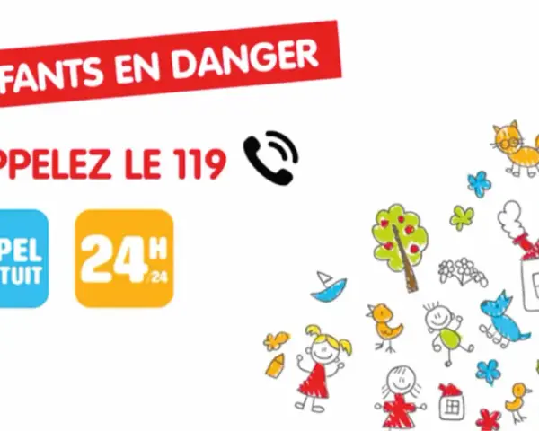 Enfants en danger : appelez le 119. Appel gratuit 24h/24. Illustrations d'enfants et d'animaux.