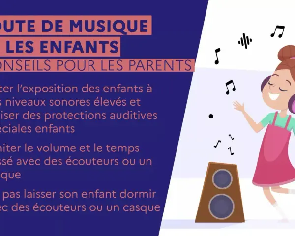 Une fillette danse, écouteurs aux oreilles, entourée de notes de musique. Un exemple de bruit sonore à éviter pour les enfants.