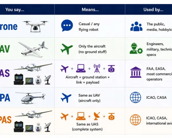 This chart explains drone terminology. The "invisible drone" is a concept, not pictured, but the chart shows various types of drones and their uses.