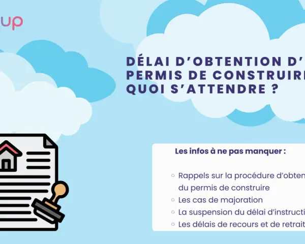 Illustration d'un permis de construire tamponné, avec le titre "Délai d'obtention d'un permis de construire". Infos sur les recours.