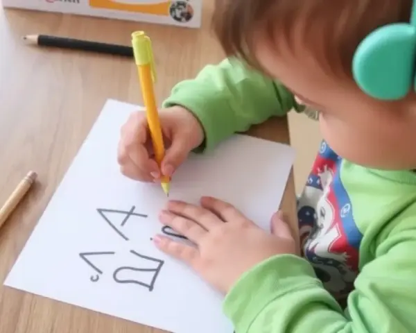 Dziecko w słuchawkach próbuje pisać na kartce.