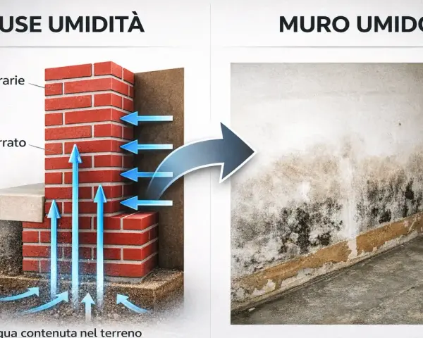 Illustrazione delle cause di umidità di risalita: acqua nel terreno che risale nel muro, creando muffa e macchie.
