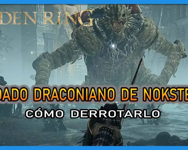 Un guerrero se enfrenta a un enorme soldado draconiano de Nokstella en Elden Ring.